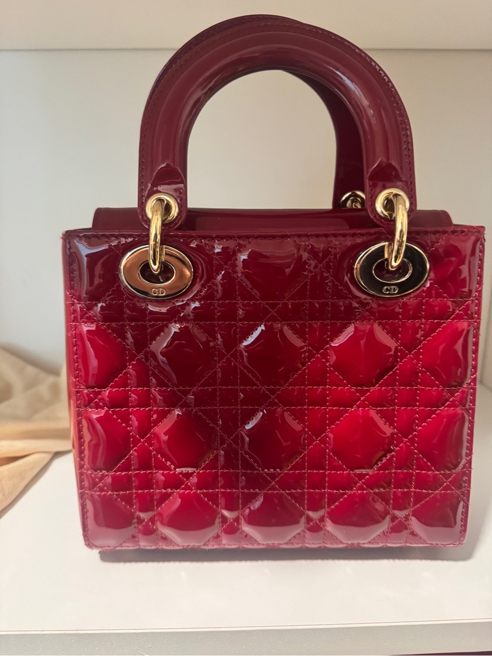 Dior Patent Cannage Top-Handle Tote in Deep Red with Gold Hardware - Picture 3 of 3